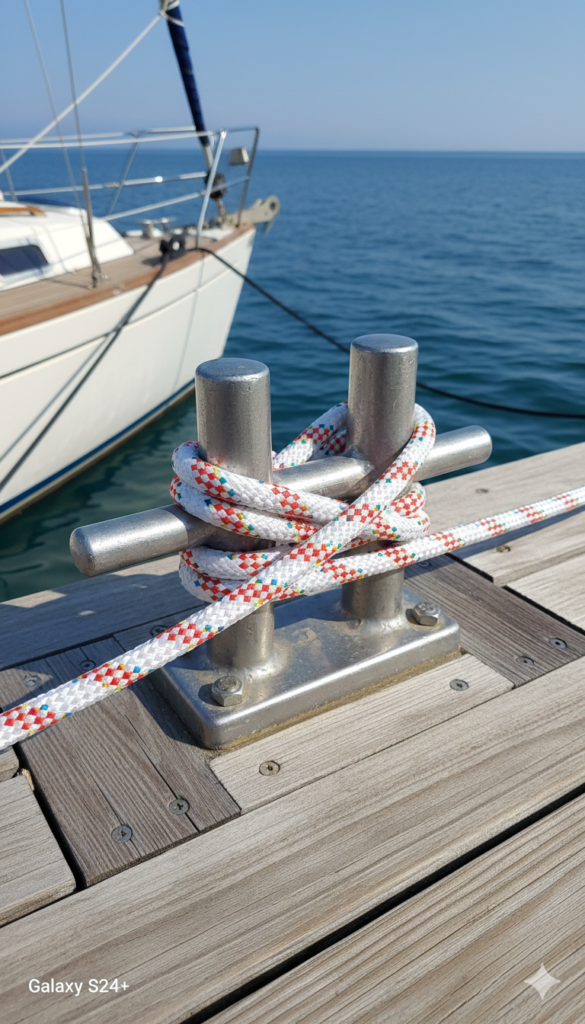 Cavo colorato legato a bitta metallica su ponte di barca con mare azzurro sullo sfondo, esempio di corde per nautica di qualità