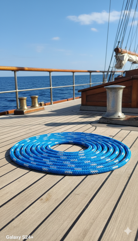Corda nautica blu avvolta su ponte di barca in legno con vista mare, esempio di produzione corde per nautica di alta qualità