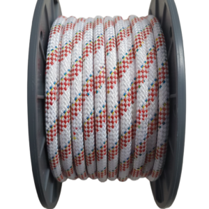 Corda intrecciata colorata avvolta su bobina nera, ideale per applicazioni nautiche e industriali