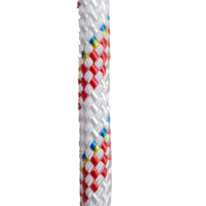 Corda intrecciata multicolore bianca rossa blu e gialla per usi nautici, dettaglio tessitura robusta e resistente