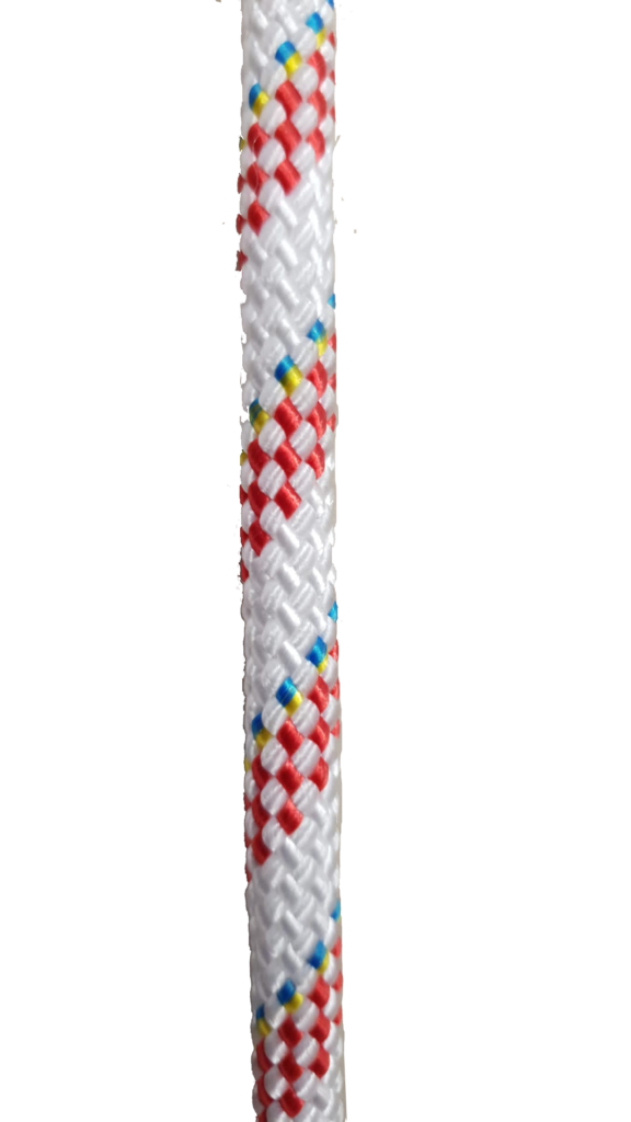 Corda intrecciata multicolore bianca rossa blu e gialla per usi nautici, dettaglio tessitura robusta e resistente