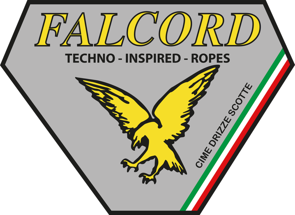 Logo Falcord con aquila stilizzata e bandiera italiana, specializzata in corde techno-inspired per nautica