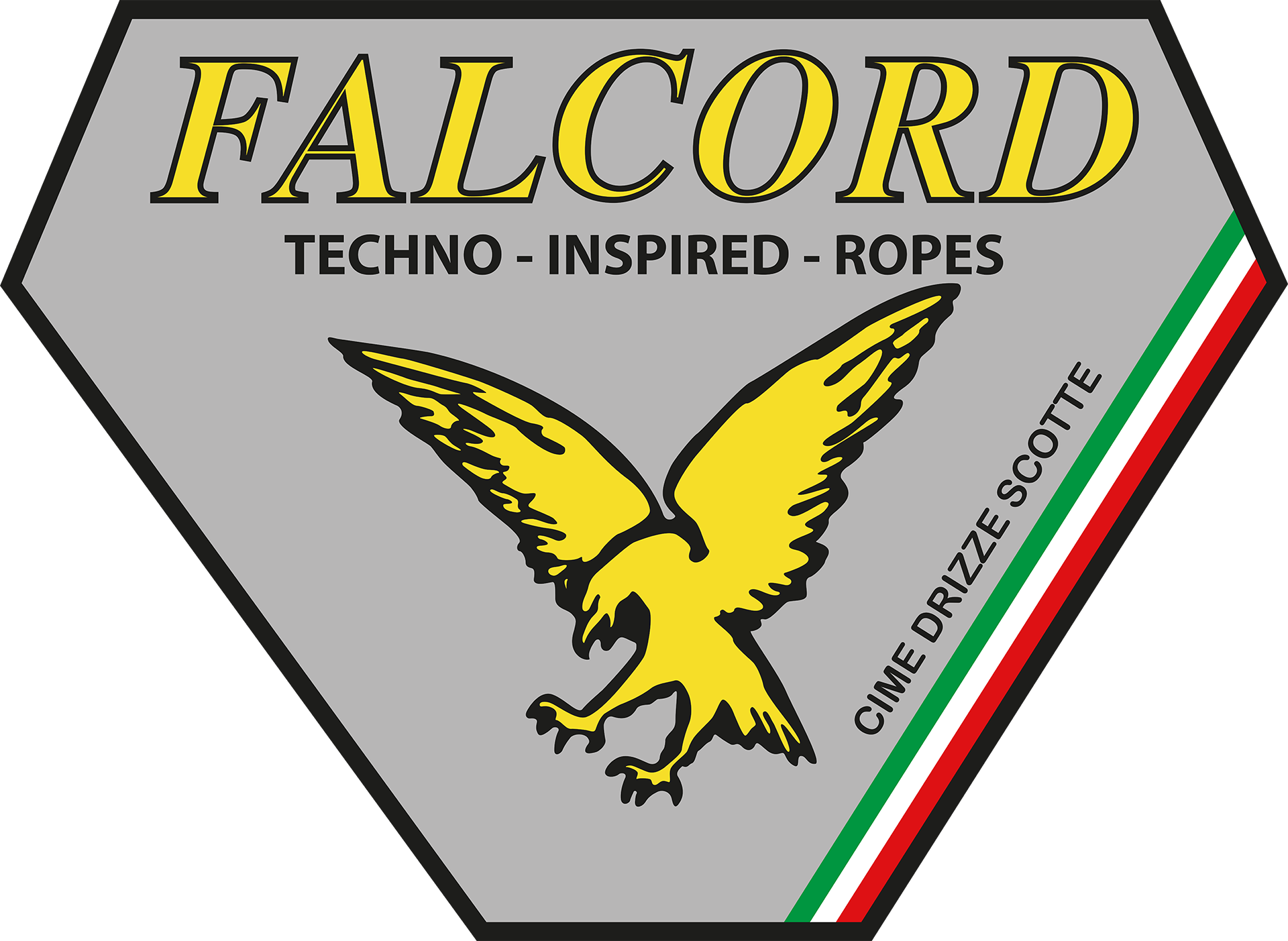 Logo Falcord con aquila stilizzata e bandiera italiana, specializzata in corde techno-inspired per nautica